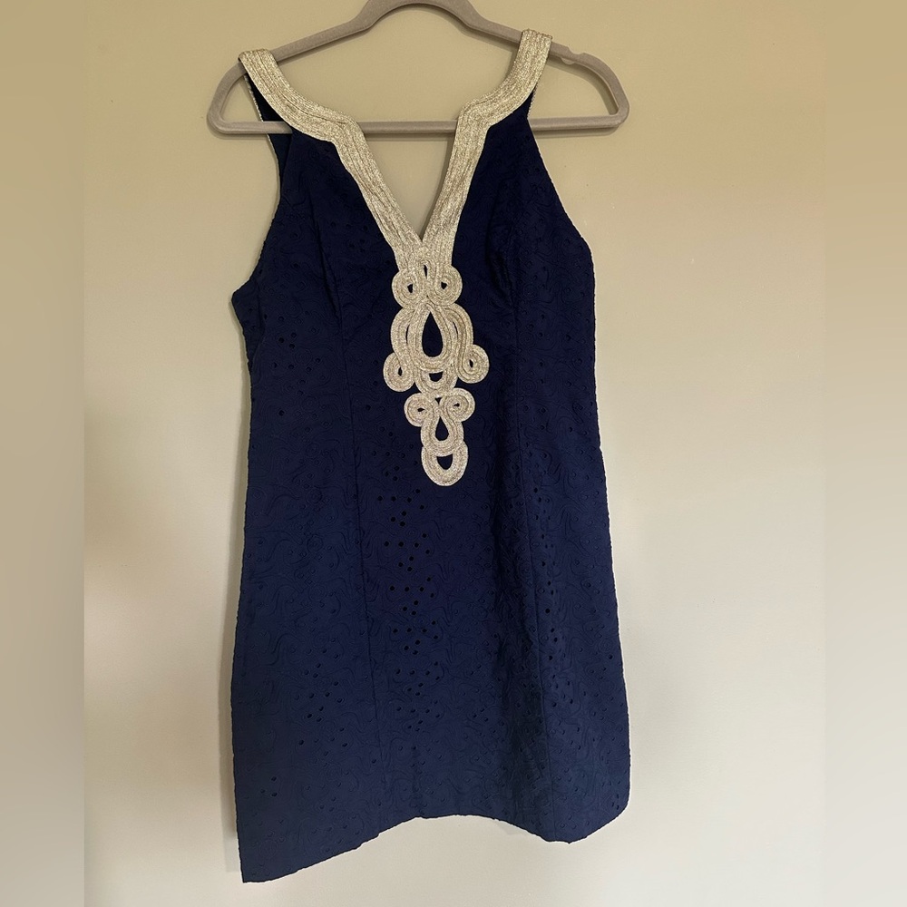 Lilly Pulitzer Navy blue eyelet shift dress with embroidered gold trim, size 6